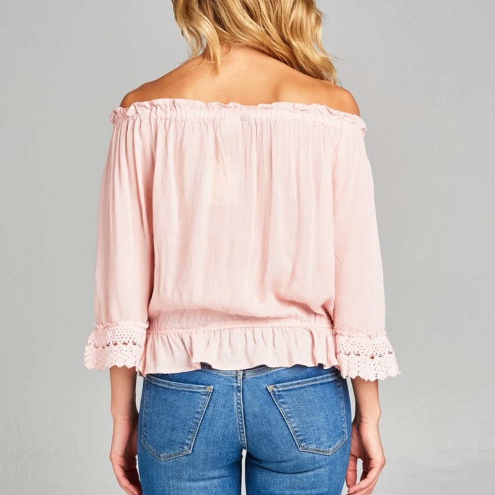 Pink Off Shoulder Lace Sleeve Top 08005 - Picture 4 of 5